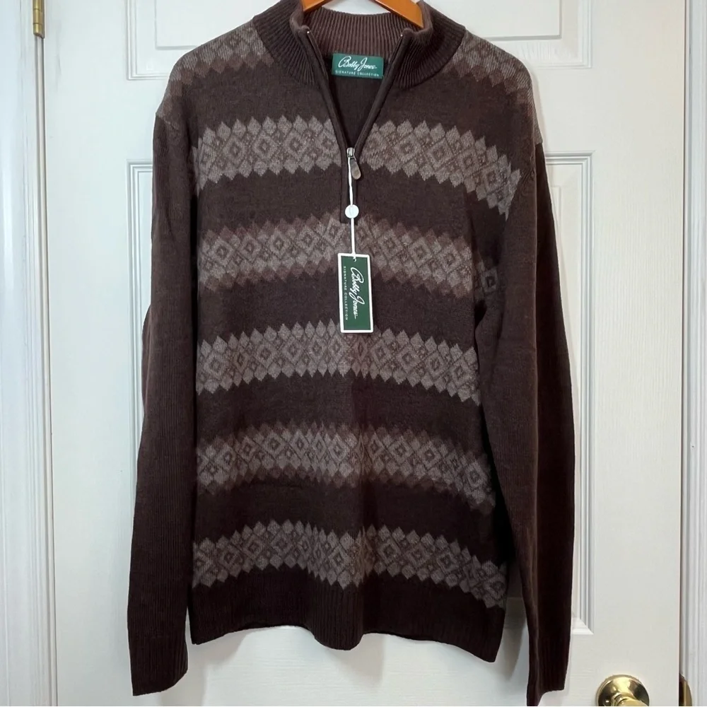 NWT Bobby Jones Signature Brown Patterned 1/4 Zip-Up 100% Wool Sweater Size XL